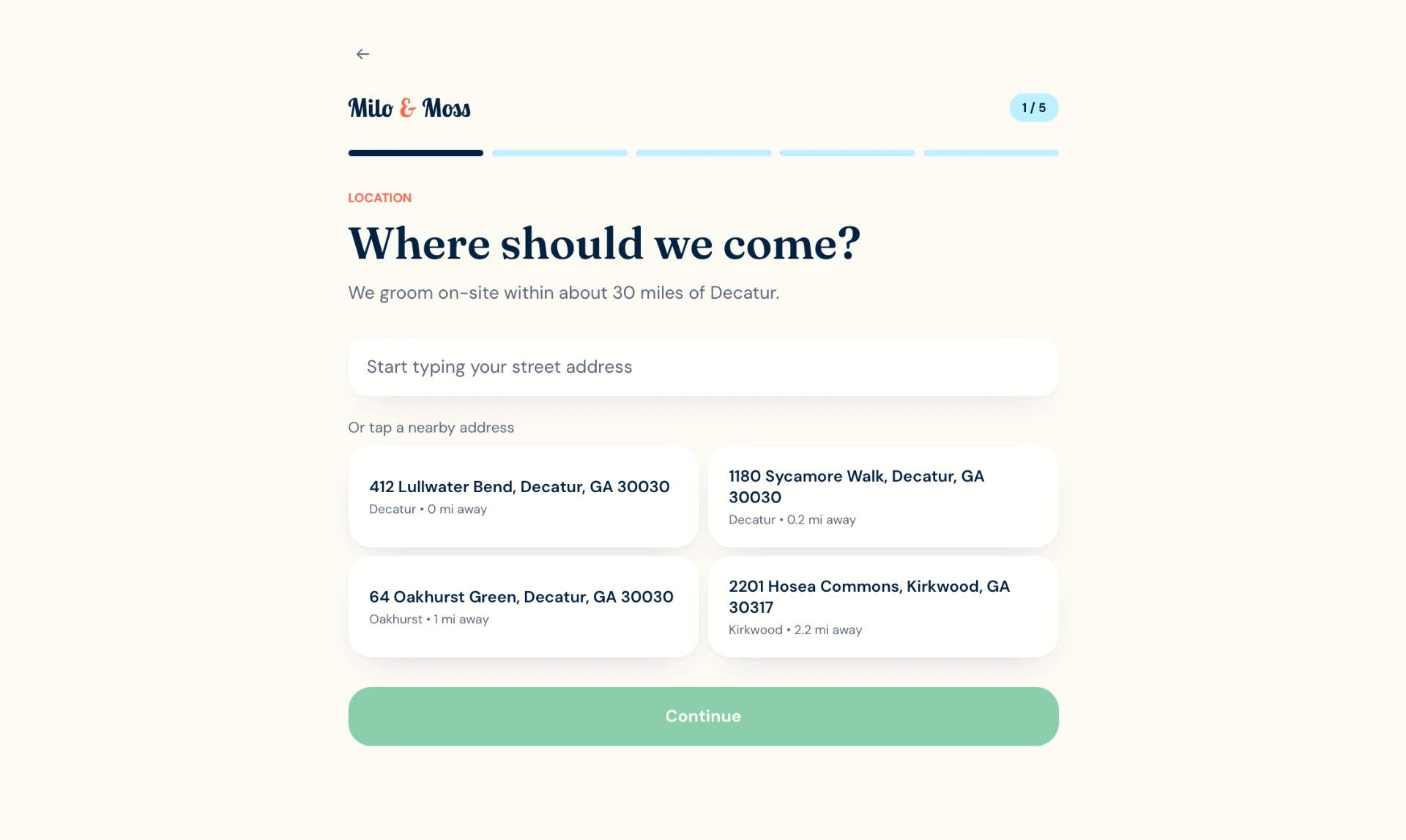 The booking step asking where Maya should come, with nearby address suggestions