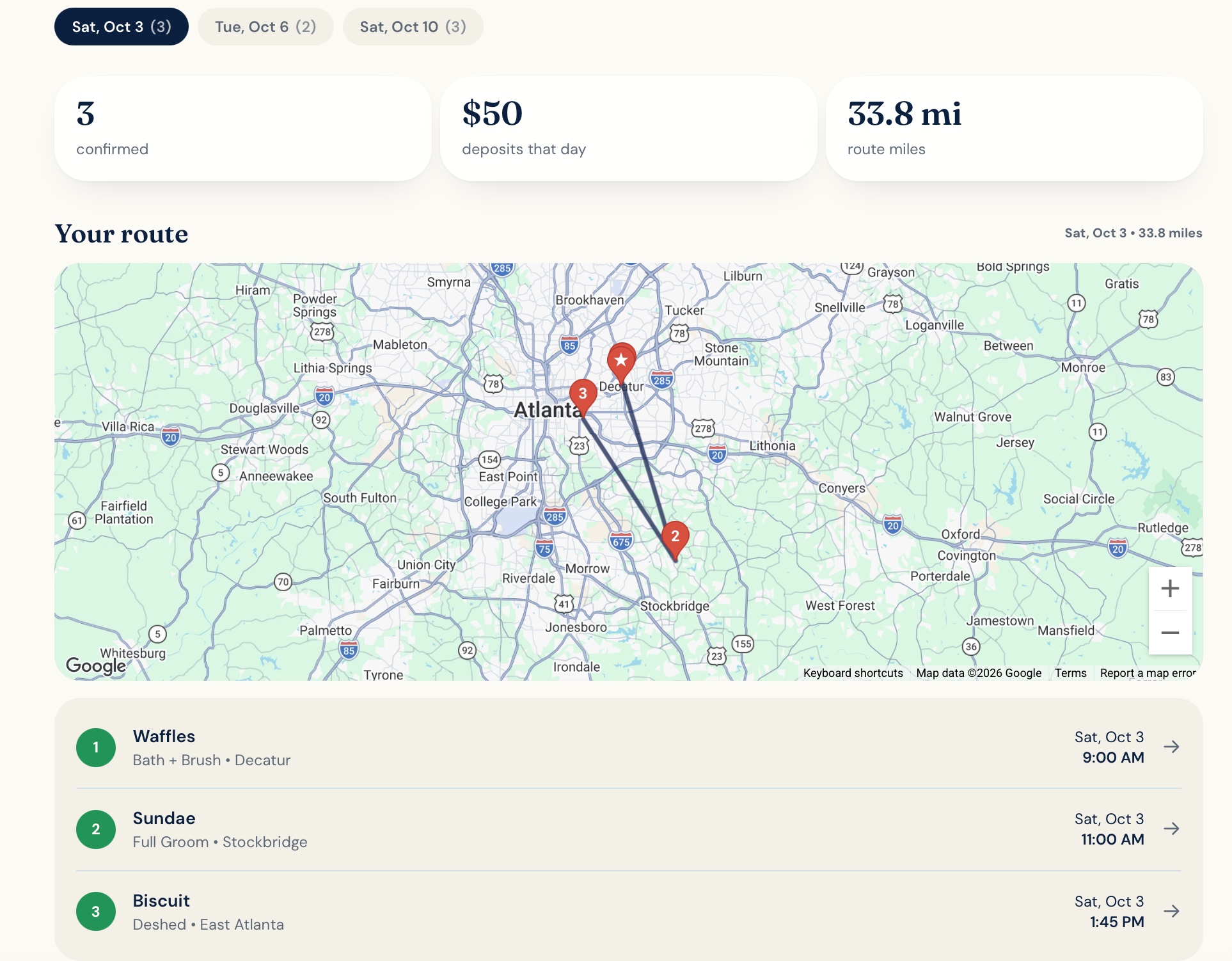 Maya's dashboard showing her route for Saturday on a map with numbered stops