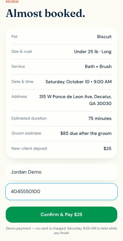 Milo & Moss booking screen: Deposit