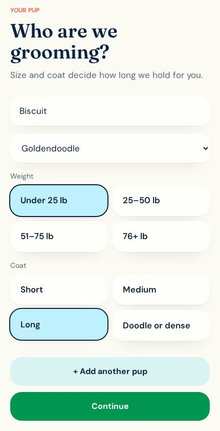 Milo & Moss booking screen: Tell us about your pup