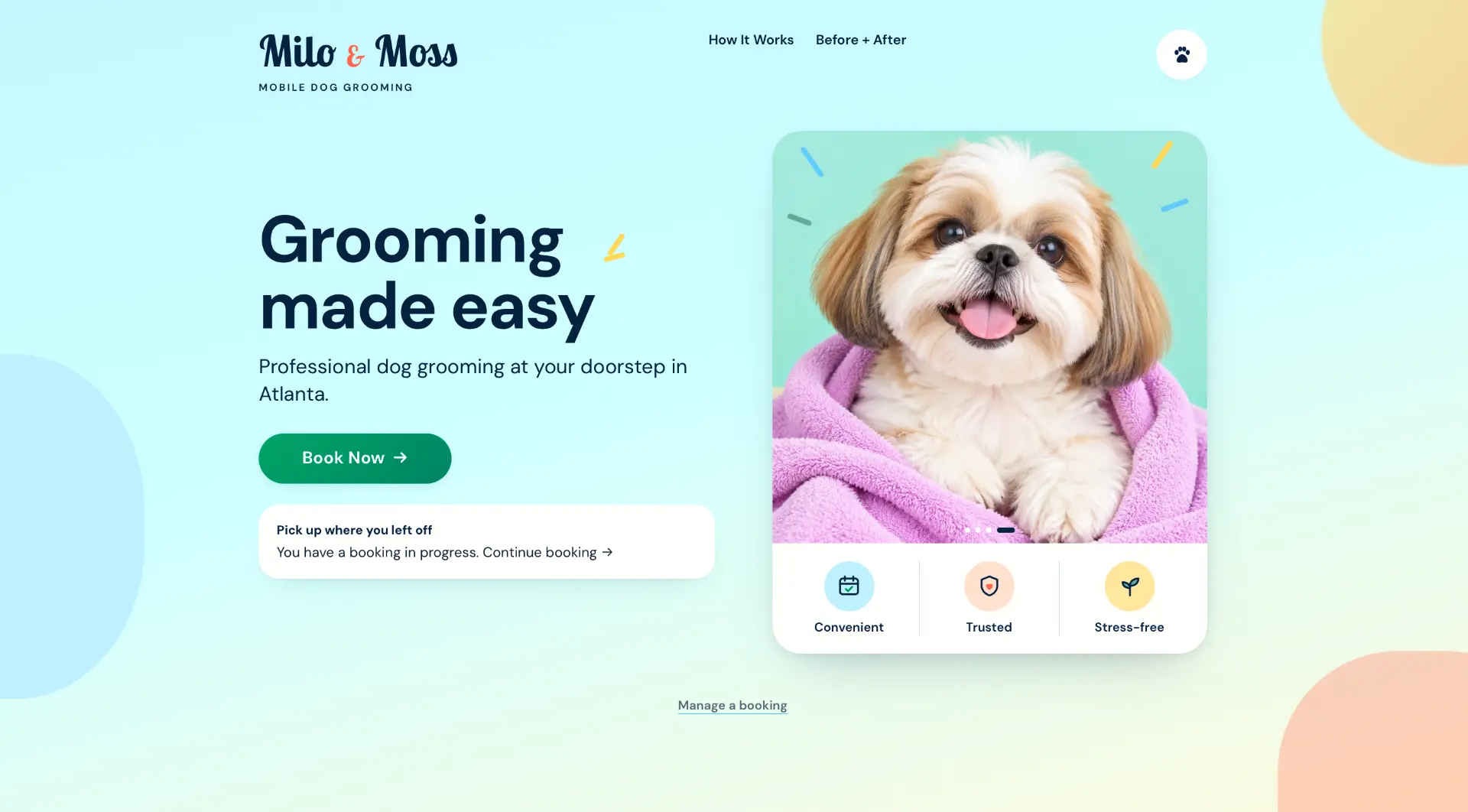 The Milo & Moss home page with a happy dog and a Book Now button