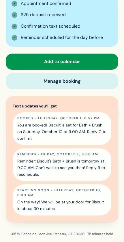Milo & Moss booking screen: Confirmed