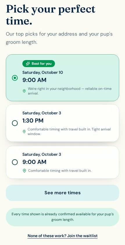 Milo & Moss booking screen: Smart Slots