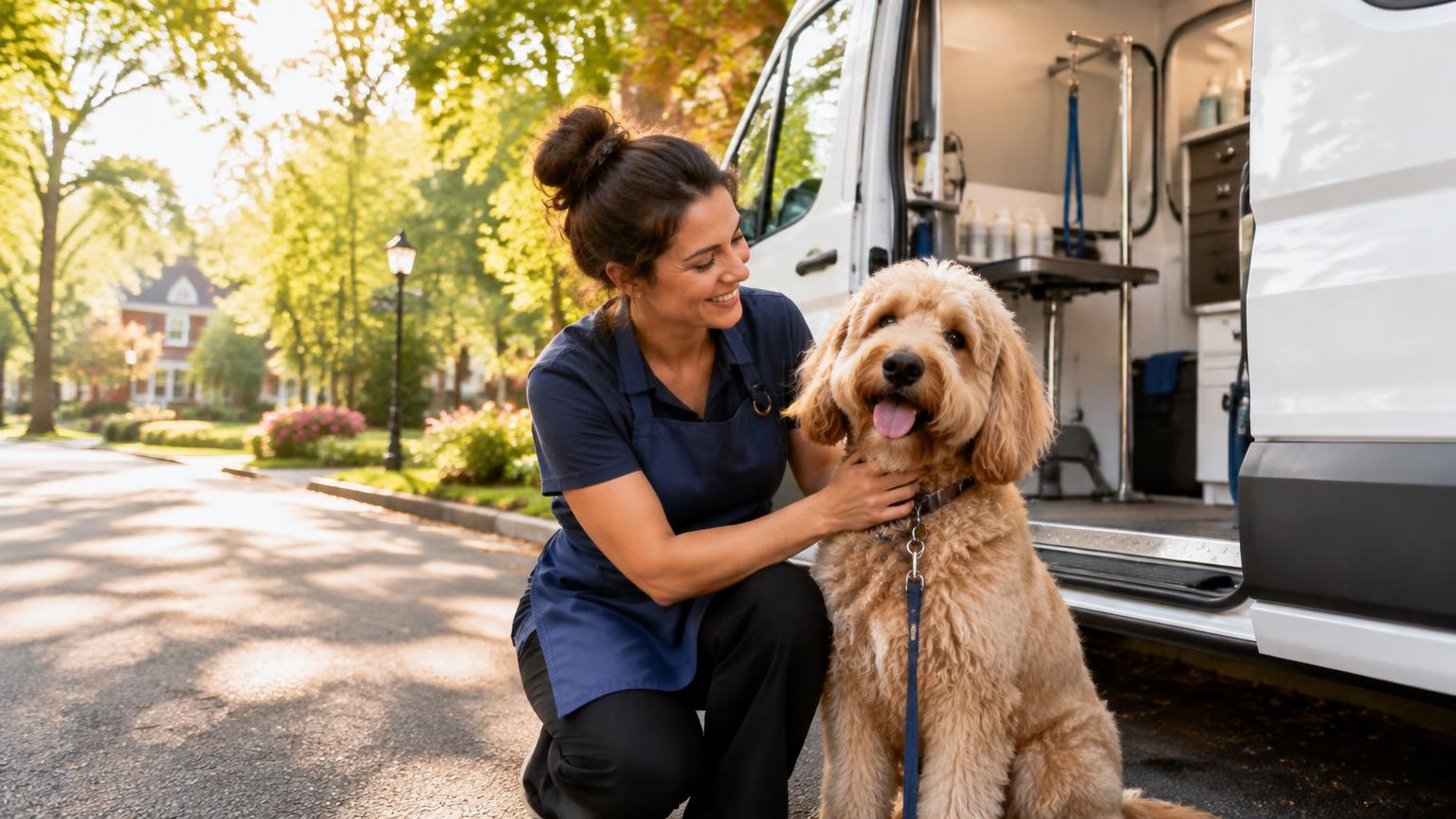 Maya greeting a happy doodle beside her grooming van
